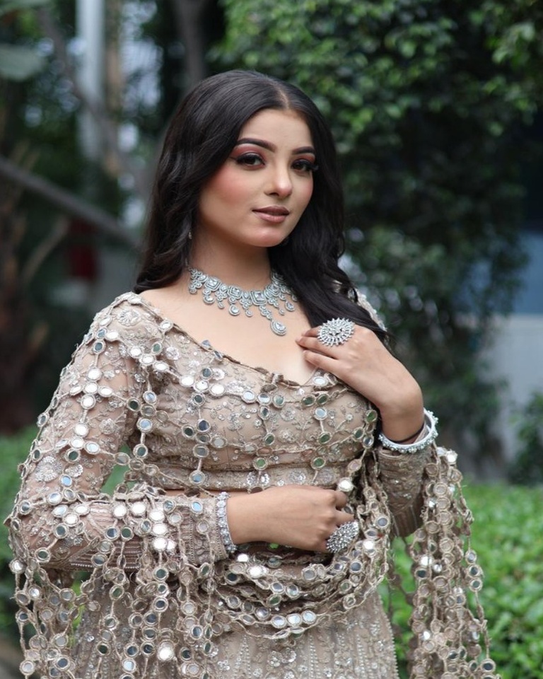 Champagne Mirror-Work Lehenga Front